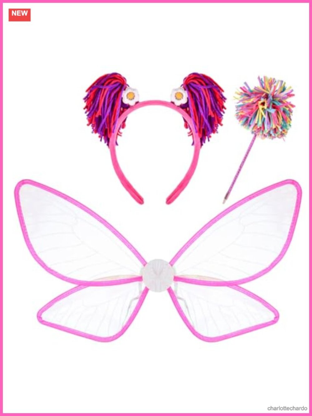 Butterfly Wings Costume Accessory Set Pom Pom Headband Wand 3-Piece Dress Up Kit